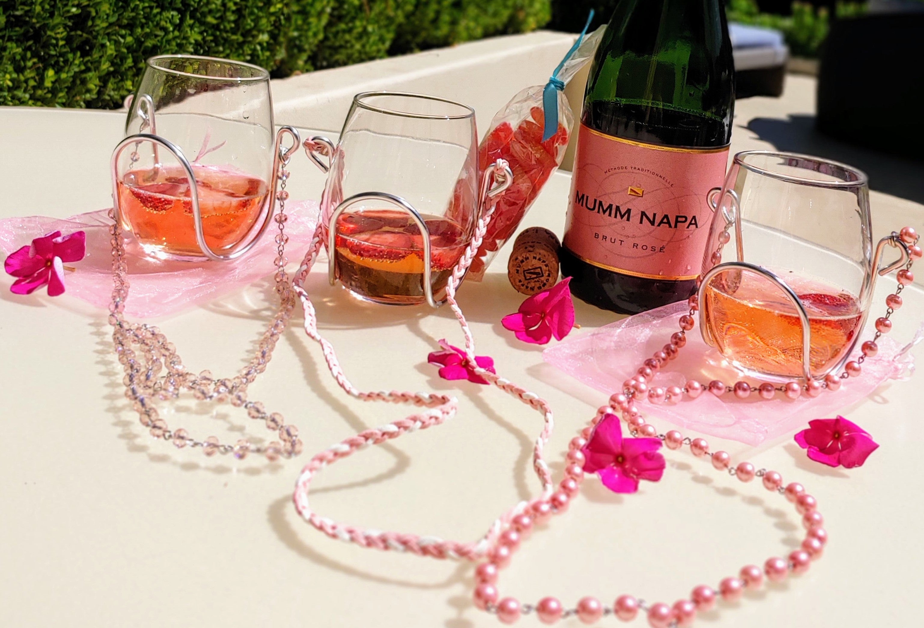 Braided Suede - Pink & White - Silver Holder | Wine Glass Necklace