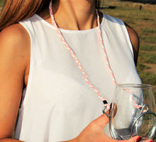 Braided Suede - Pink & White - Silver Holder | Wine Glass Necklace